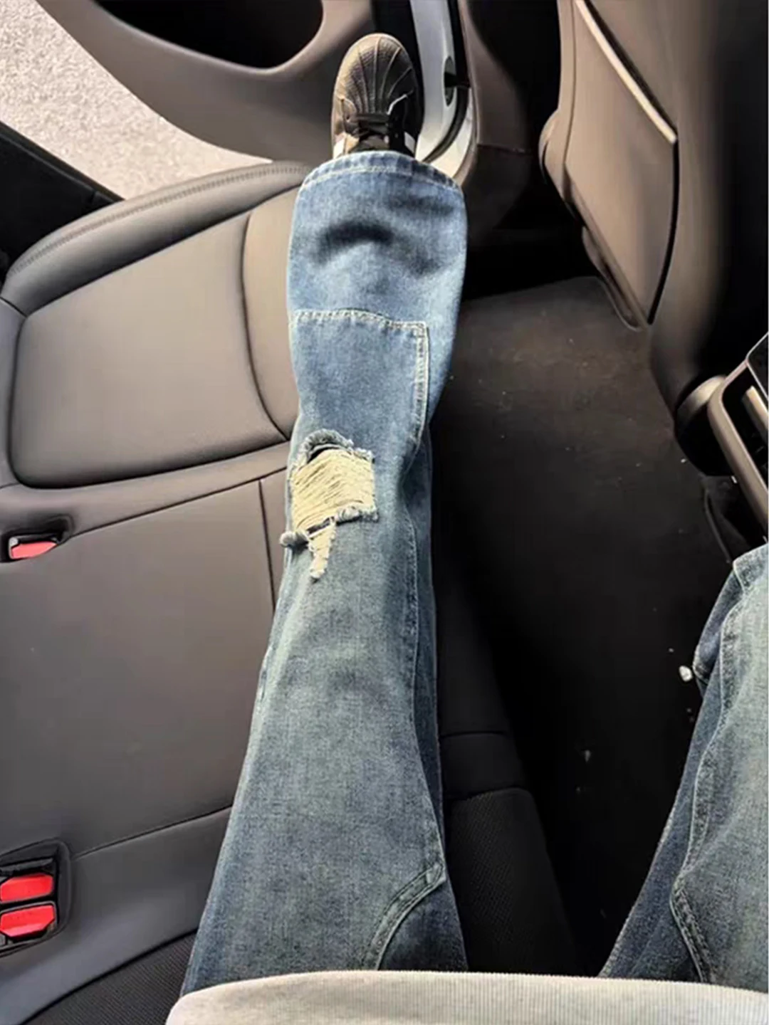 

Cleanfit Blue Men's Straight Leg Jeans Fake Ripped Washed out High Street Workwear Trousers Casual mid Waist Zipper Fit