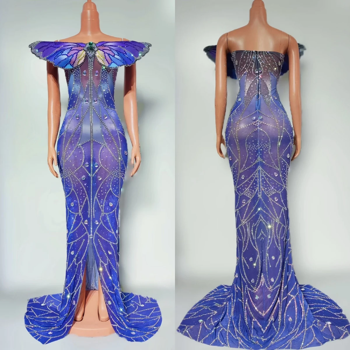 

Dreamy Blue Purple Off Shoulder Mermaid Maxi Dress 3D Butterfly Sparkly Rhinestone Evening Gown Nightclub Stage Costume Diewu