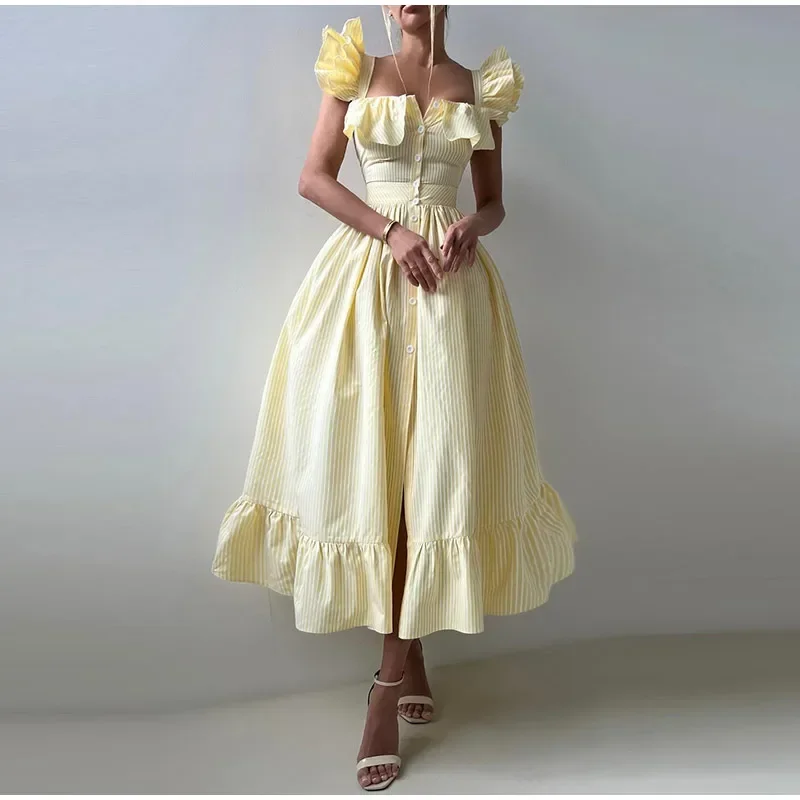 Fliegende Ärmel Gestreifte Lange Kleider für Damen – Elegante Einreiher A-Linien-Roben, Schicke Hochtaillierte Sommerkleider für den Urlaub
