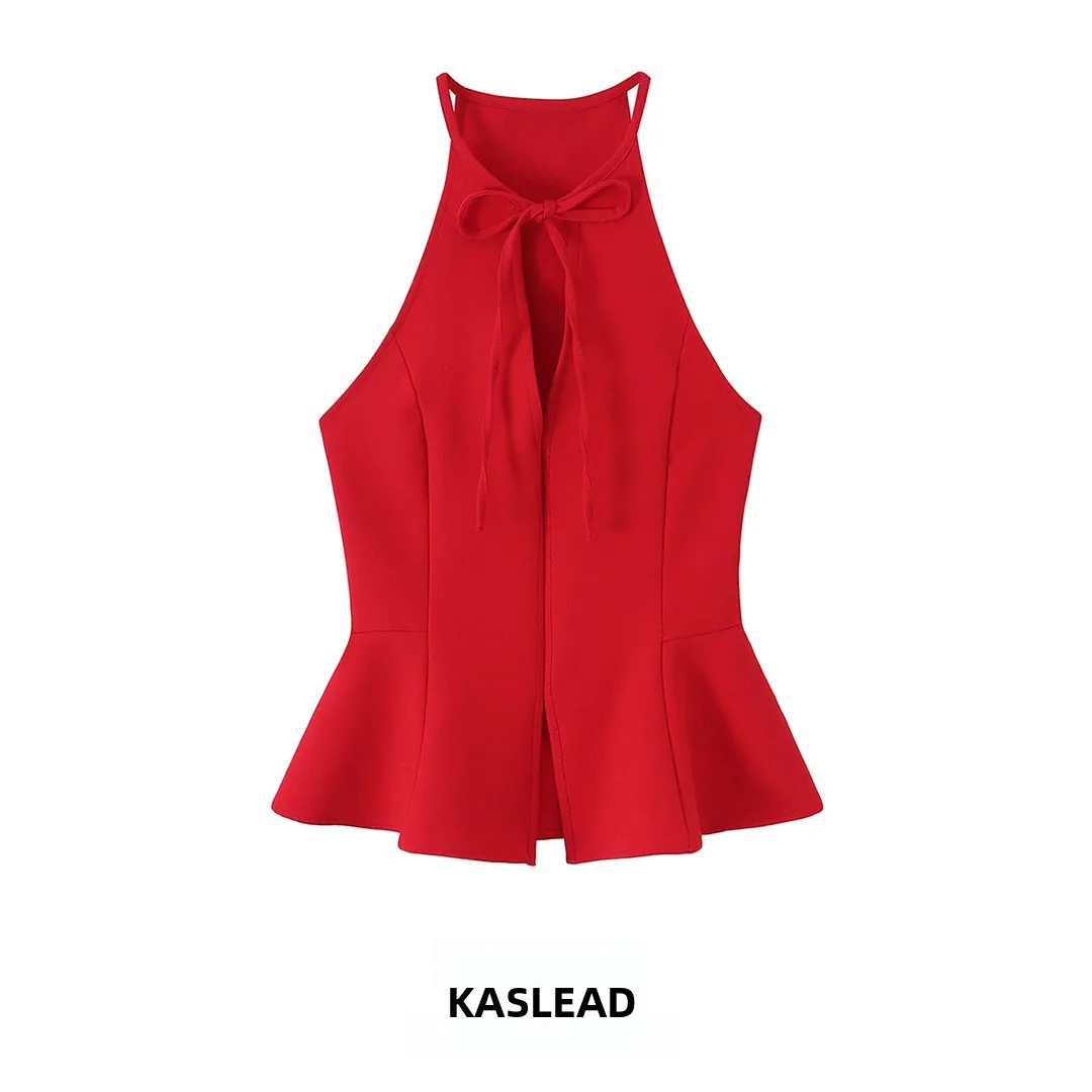 KASLEAD Women's Fashion  Knot Decorated Hanging Neck Collar under Shirt Short Length Slim Fit Polyester Fiber Vest