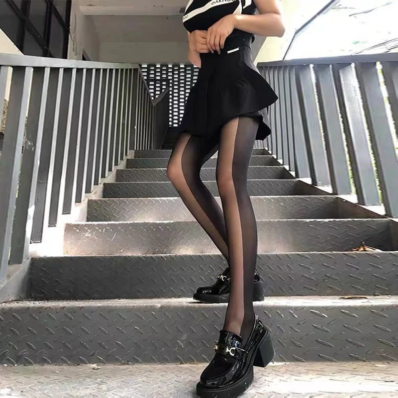 

Summer Women Black Pantyhose T Crotch Sexy Women Tights Side Vertical Stripe Woman Silk Stockings Anti-Run Party Hottie Hosiery