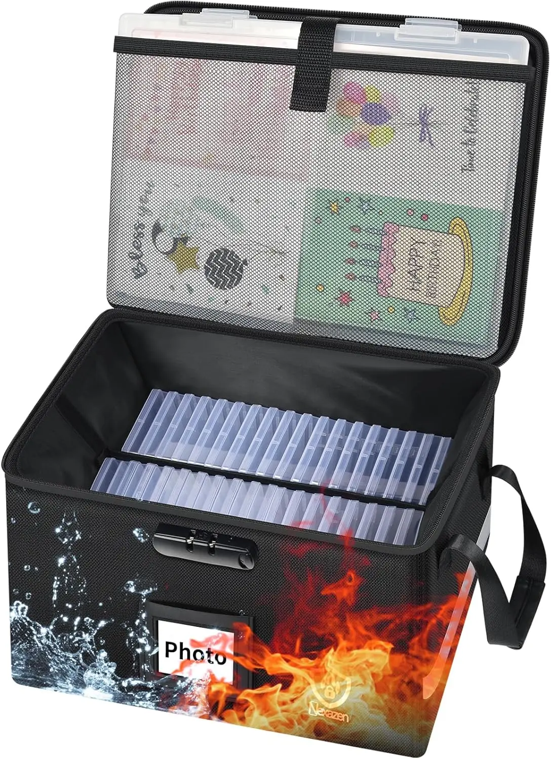 

Огнестойкий фотоорганайзер с замком, вмещает 36 внутренних фотокейсов 4x6 и 3 больших фотокейса 8x12, водонепроницаемый органайзер для ценных вещей