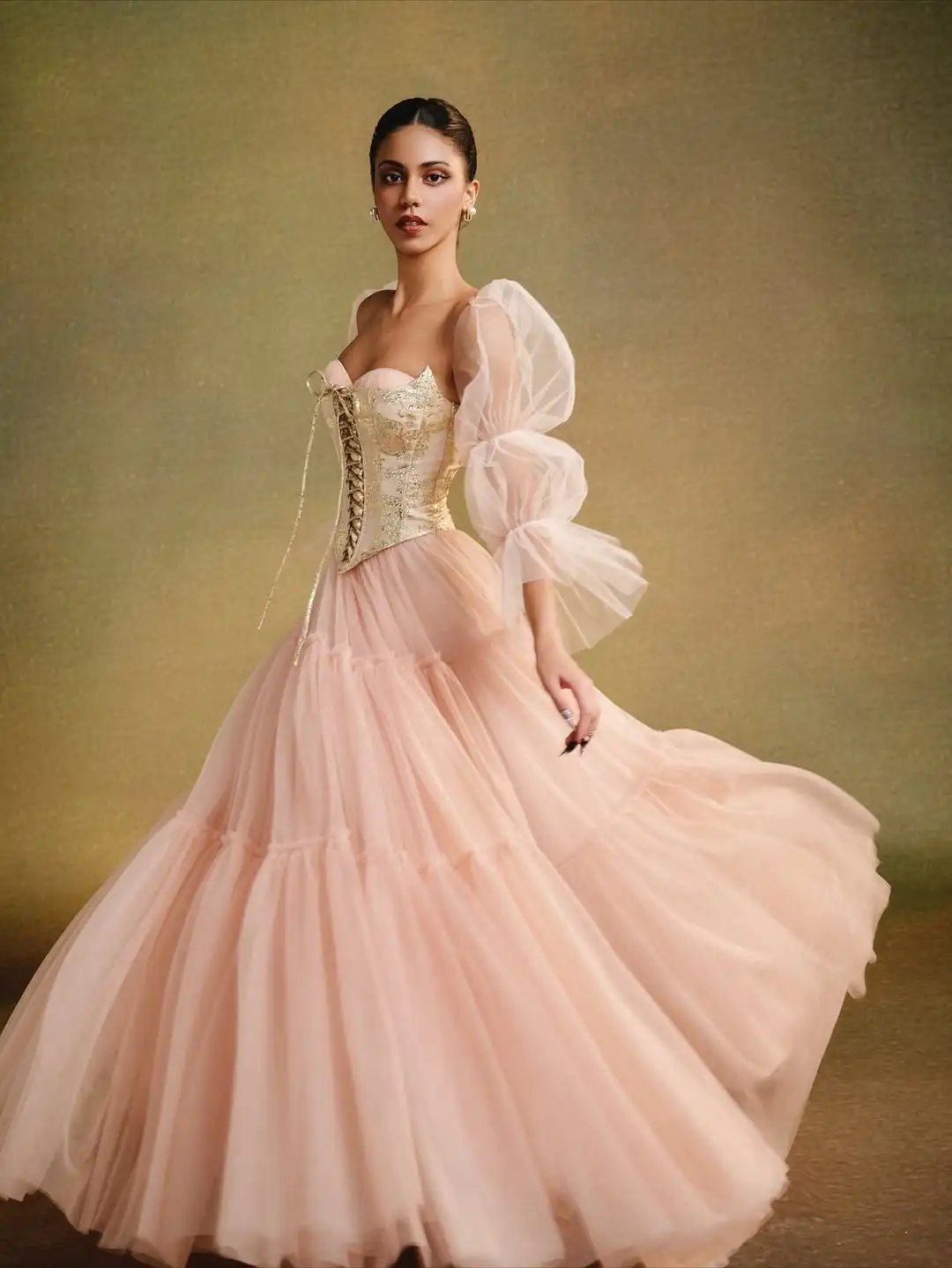 Elegante blush rosa tule vestido de baile com brocado ouro espartilho sheer puff mangas vestido de noite vestido de baile vestidos de casamento plus size