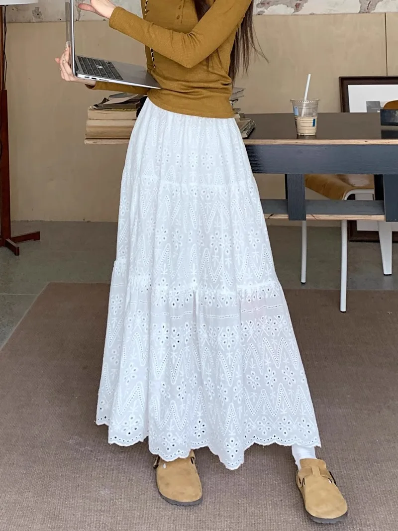 

Ele High Waist A-Line Skirt Hollow out Embroidery Women's Spring New Cake Skirt Japanese Forest Girl Sle