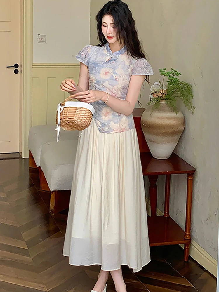 2025年韓国ヴィンテージボディコンラグジュアリーロングドレスサマープリントパッチワークフェイクツーピースドレス女性エレガントシックフェスティバルプロムドレス