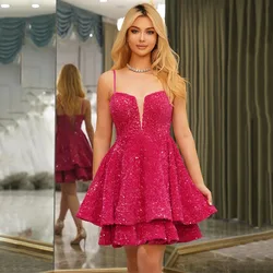 Customized Velvet Sequin V-neck Homecoming With Teens Ruffles Short Backless Lace-up Formal Cocktail Party Sparkly Evening Gown