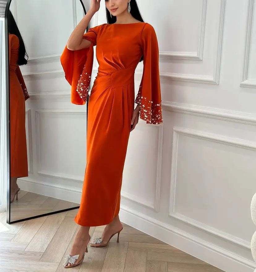 

Aenyrst Saudi Elegant Long Sleeves O-Neck Evening Dresses Pleated Beadings Sequins Back Zipper Ankle Length Party Prom Dress