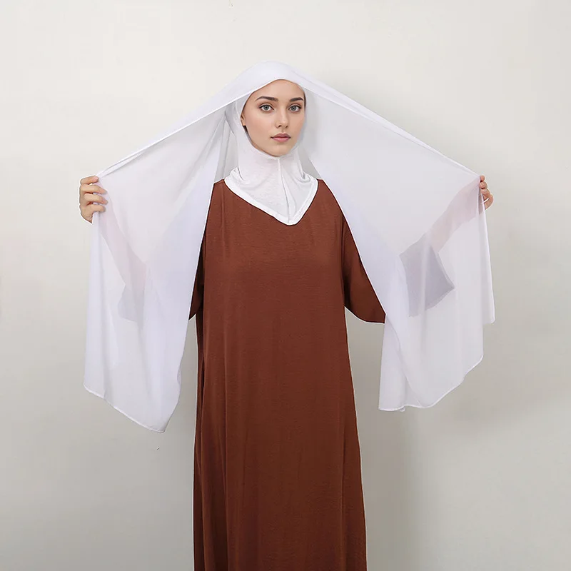 Ramadan Solid Color Instant Hijab with Neck Cover Soft Breathable Chiffon Shawl Ready To Wear Headscarf Malaysian Women Ethnic 4