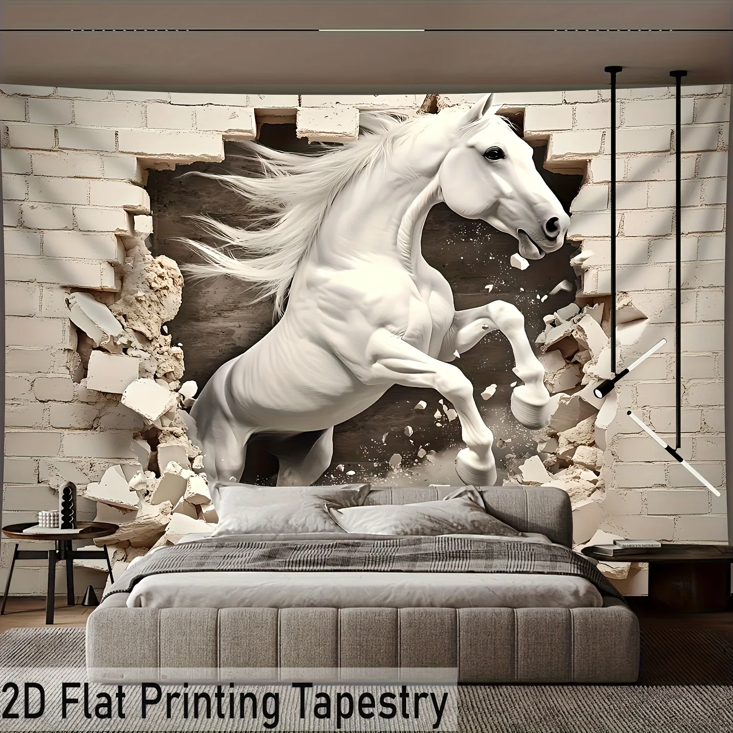 White Horse Breaking Wall Tapestry 3D Effect Animal Art Modern Home Decor Living Room 2D Flat Print