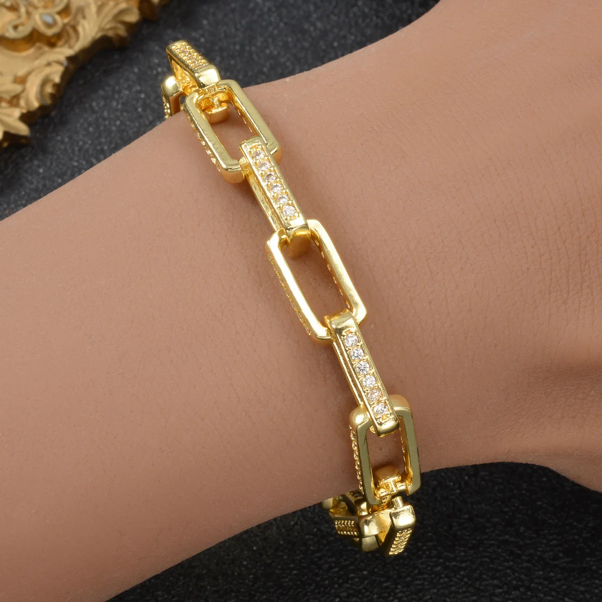 Gold Plated Paperclip Chain Bracelet Cubic Zirconia Inlaid Rectangular Link Bracelet Fashion Stackable Wrist Jewelry For Women