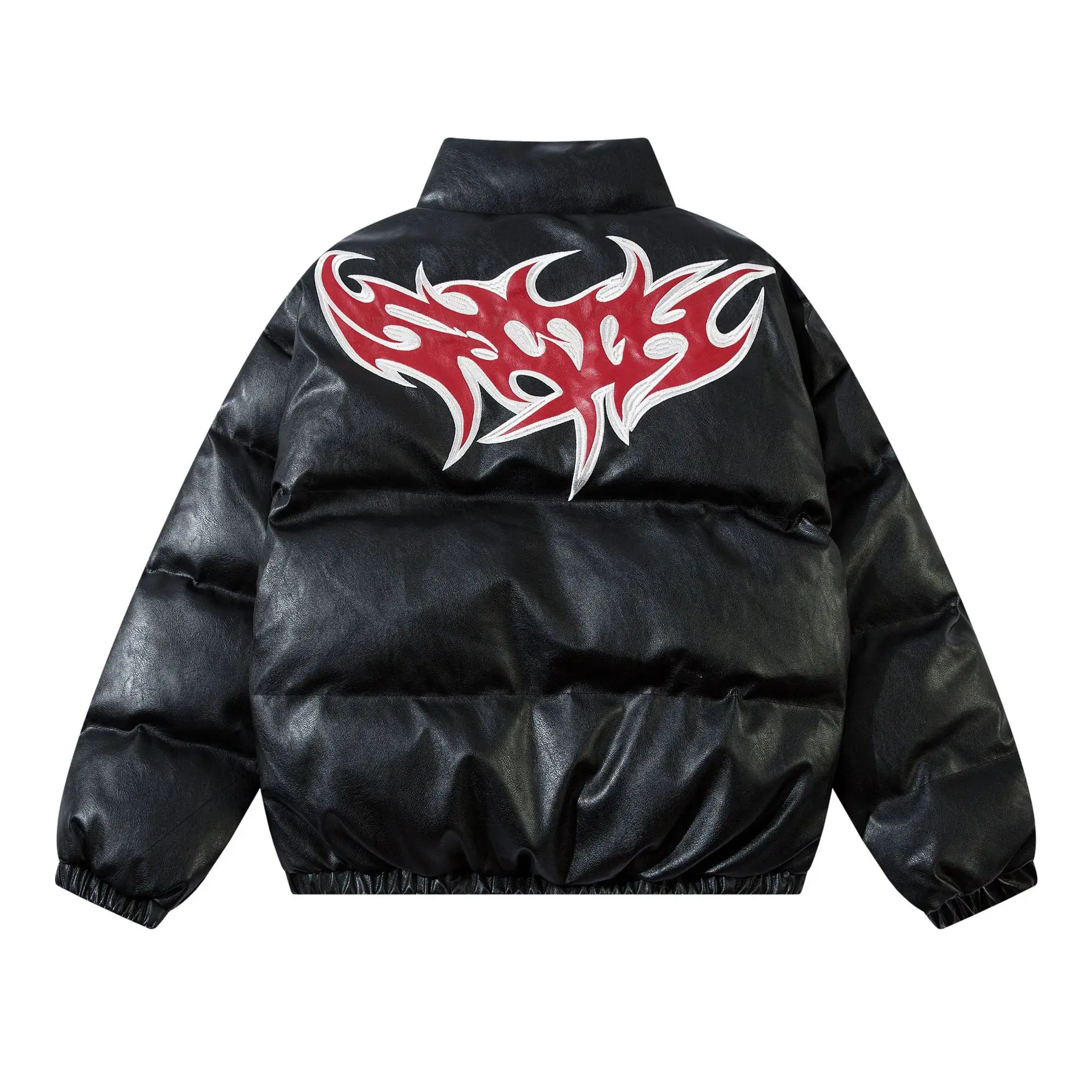 

Embroidered PU Leather Men's Winter Jacket, Stand Collar Oversized Man Puffer Jackets, Hip Hop Thick Warm Snow Coat
