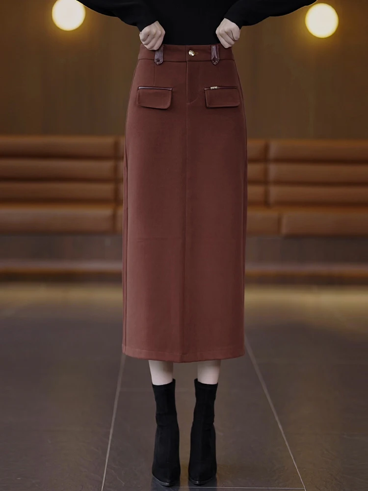 

Ankela High Waist A-Line Split Knit Half Skirt Women's Autumn Winter Slimming Step-In Skirt Korean Style Casual Long Skirt