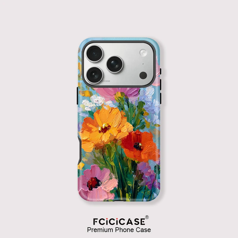 Fcicicase حافظة هاتف من السيليكون لهاتف آيفون 16 Plus 15 17 Pro Max 14 13 12 11 طباعة زهور ناعمة لغطاء الكمبيوتر بطبقة مزدوجة Magsafe