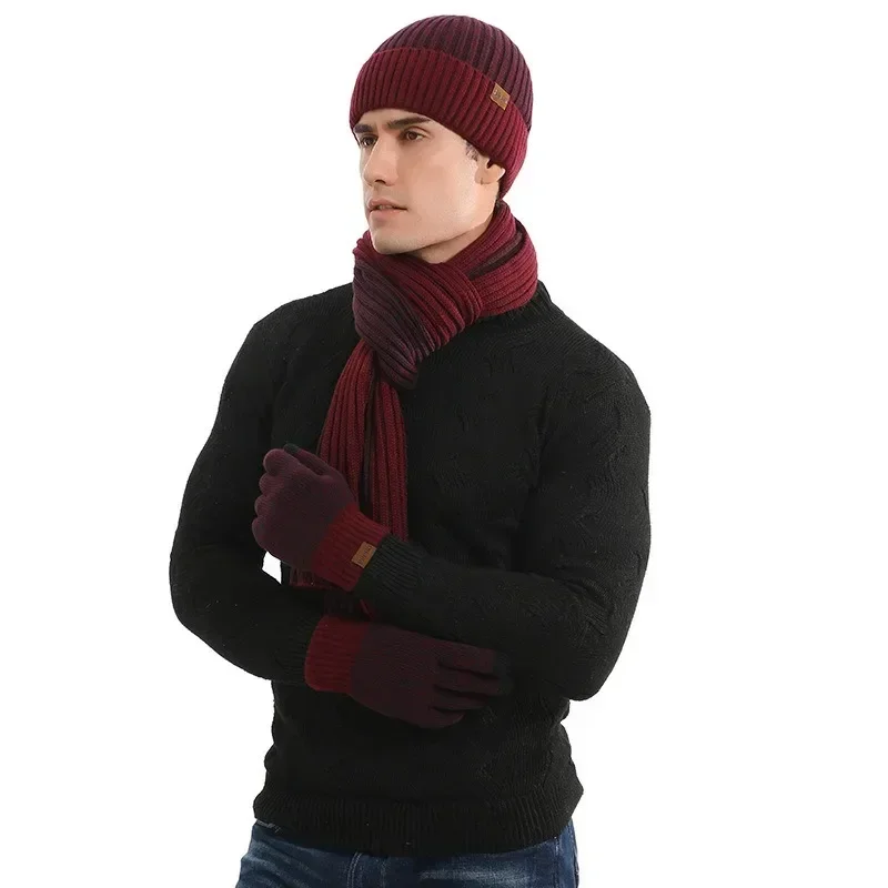 3in1 Hat Scarf Gloves Combo Winter Colorblock Fleece Knitted Hat Thickened Long Scarf Touchscreen Gloves Set for Women and Man