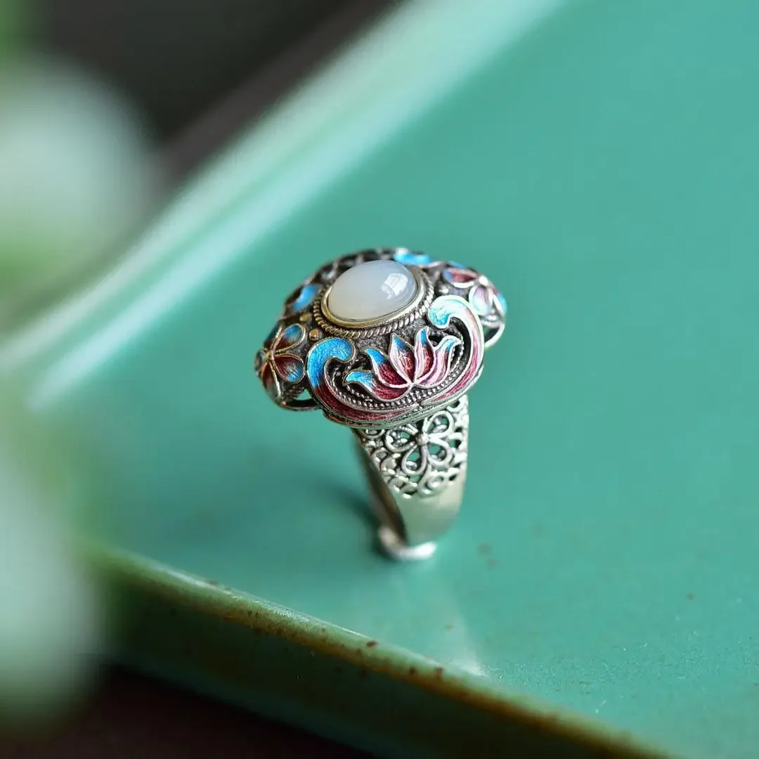 

White Jade Lotus Rings Amulet Fashion Jewelry Amulets Adjustable Ring Talismans Gifts 925 Silver Chinese Natural Women Charm