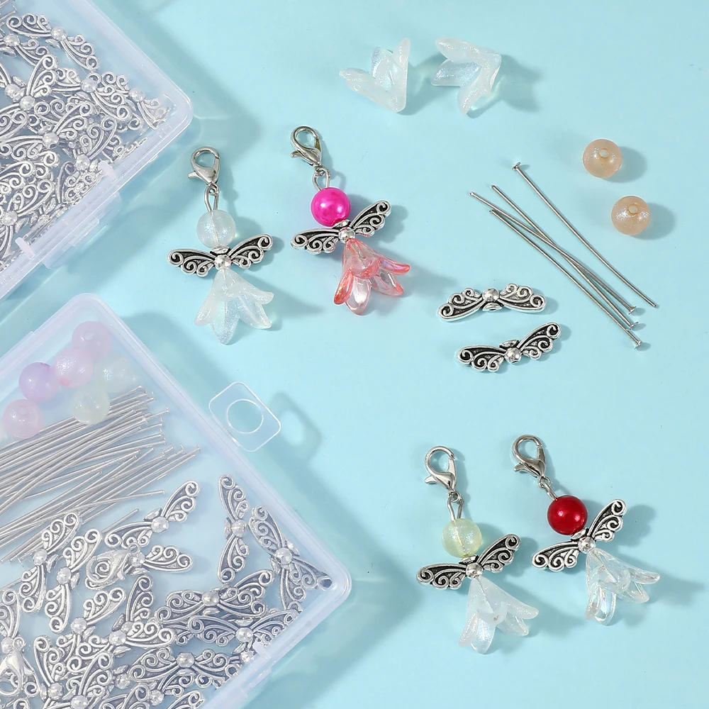 150-teiliges DIY Schmuckherstellungs-Set mit Gemischten Acryl-Lilienblumen-Perlen, Engelsflügel-Anhängern und Karabinerverschlüssen für Armband-Zubehör – Detail 4