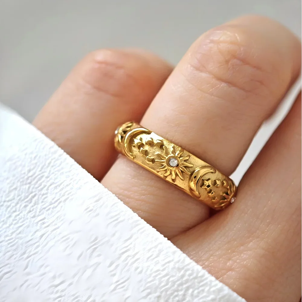 Mariasz الحد الأدنى الفولاذ المقاوم للصدأ خمر الذهب اللون مكتنزة نجوم القمر الشمس محفورة السماوية قبة خواتم مجوهرات للنساء #1