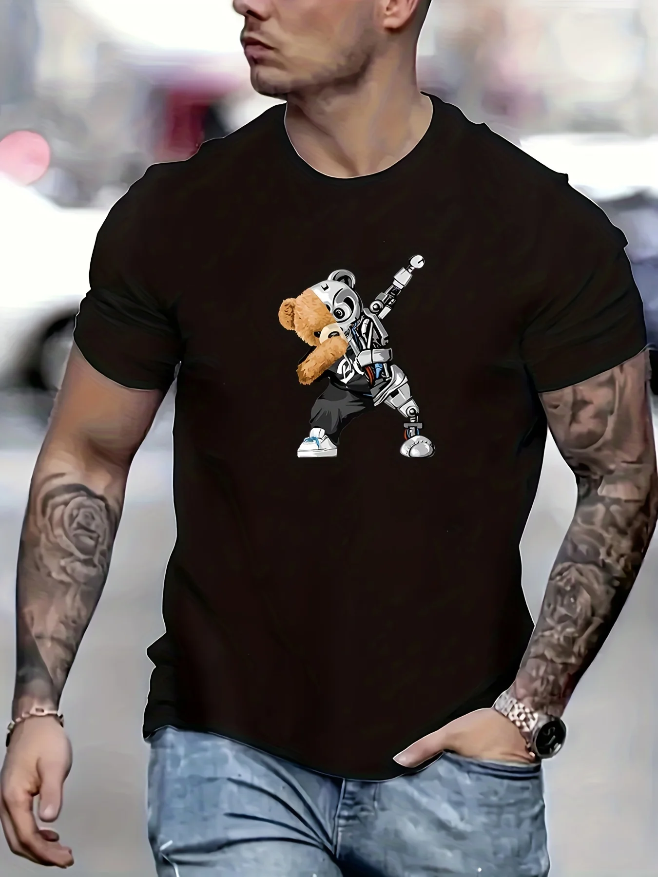 Robot Bear Pattern T-shirt, Men\'s Casual Street Style Stretch Round Neck Tee Shirt For Summer