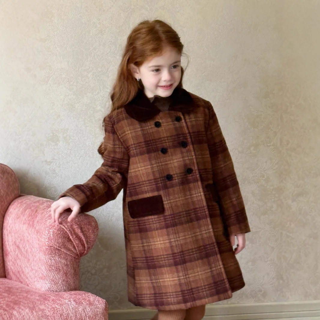 

Children Girl Woolen Jacket Peter Pan Collar Plaid Thicken Kids Girl Warm Coat Winter Mid Length Retro Toddler Girl Quilted Coat