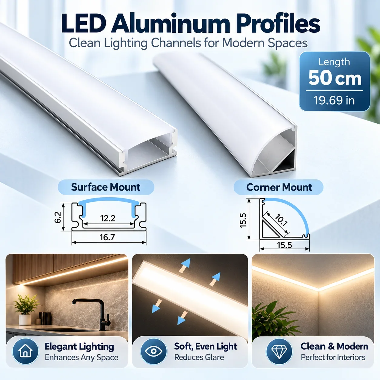 LED Strip Aluminum Profile 50CM Recessed Surface Mounted Aluminium Channel with Diffuser PC Cover