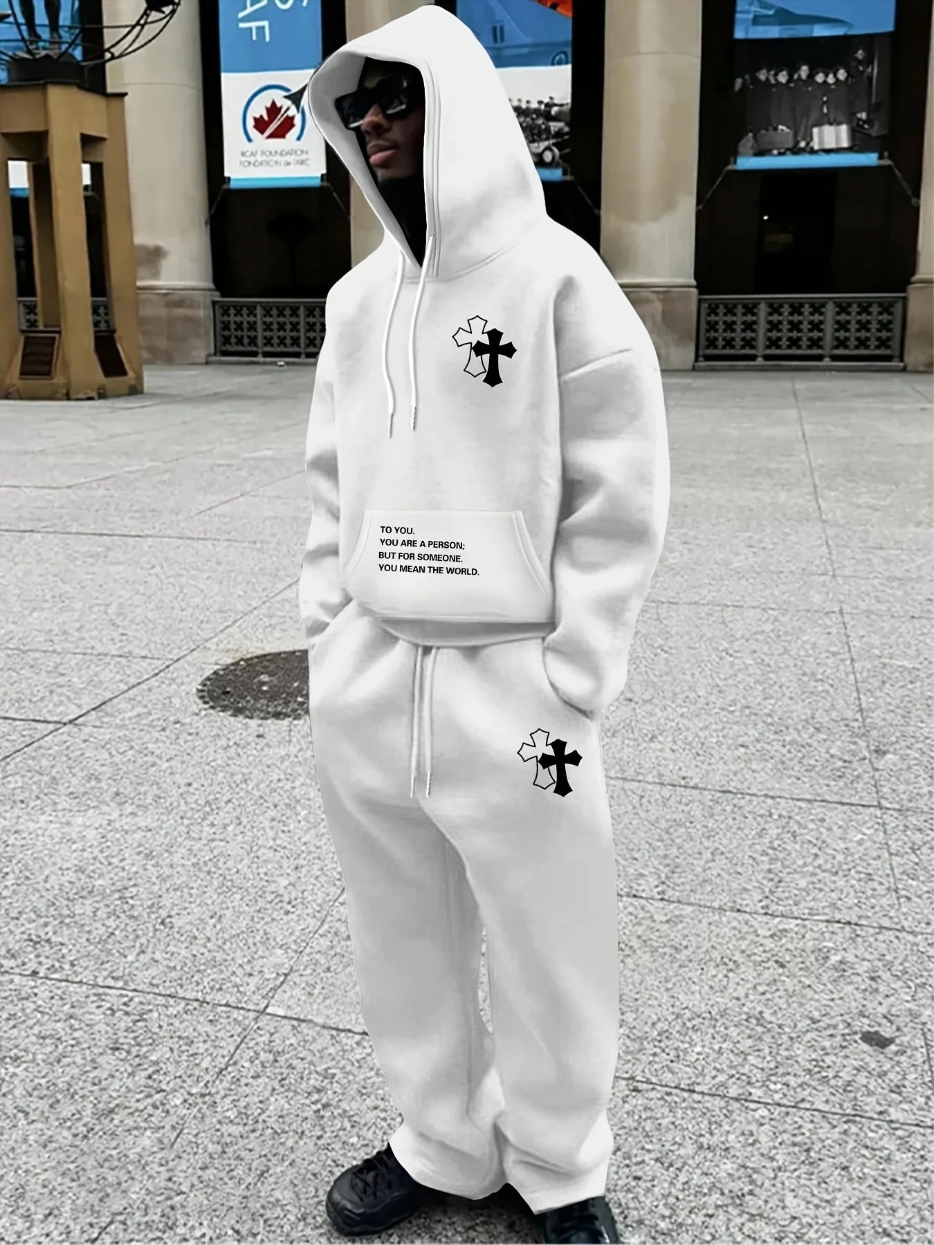 Men's fashionable outfit set - 2-piece set. Trendy hooded cross-strap letter print t-shirt + hooded drawstring athletic