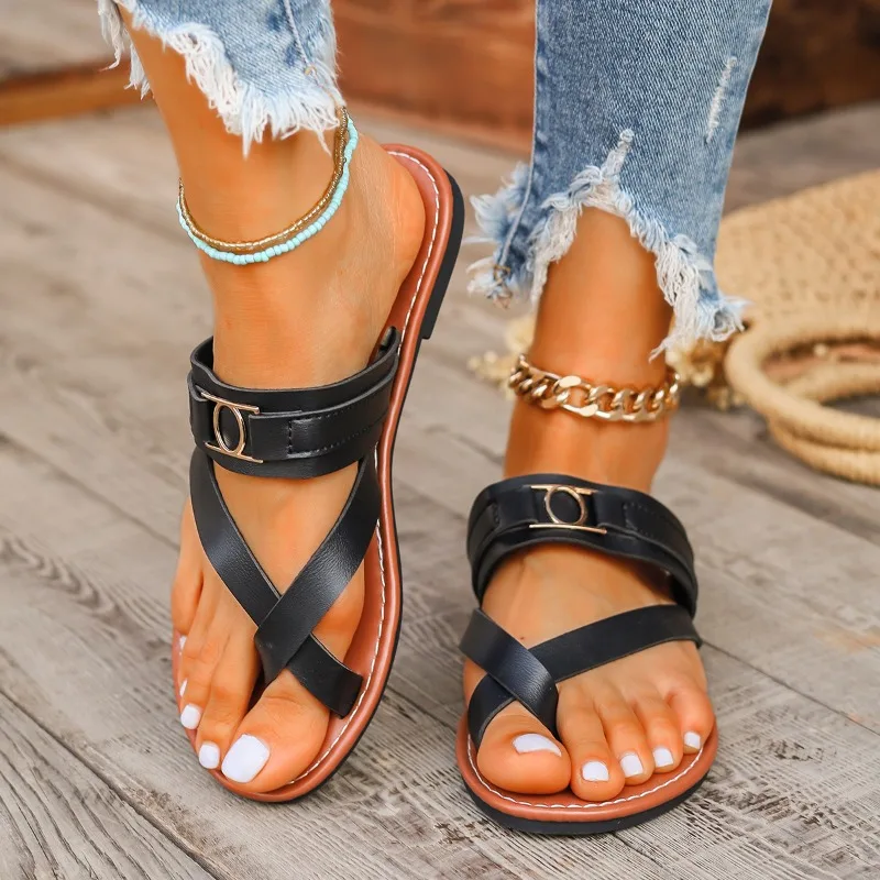 

Fashion Women Slippers Outside Casual Beach Women Metal decoration Shoes Summer New Flats Flip Flop Sandals Rome Buckle Sneaker