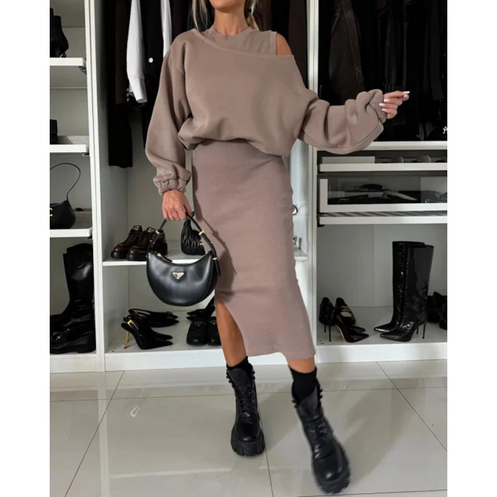 

Solid SleevelessRound Neck Slit Midi Bodycon Dress Long Sleeve Pullover Top Two Pieces Dress Suit Set