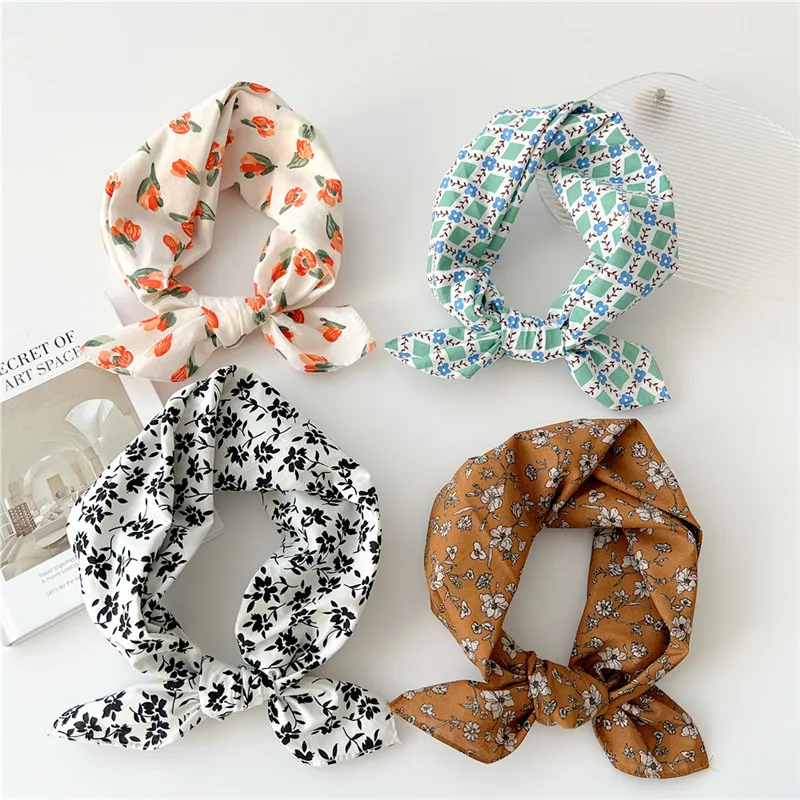 58cm Plant Flowers Scarves Bandanas Headband Hair Scarf Print Kerchief for Women Floral Square Scarf Neck Tie Neckerchief Turban