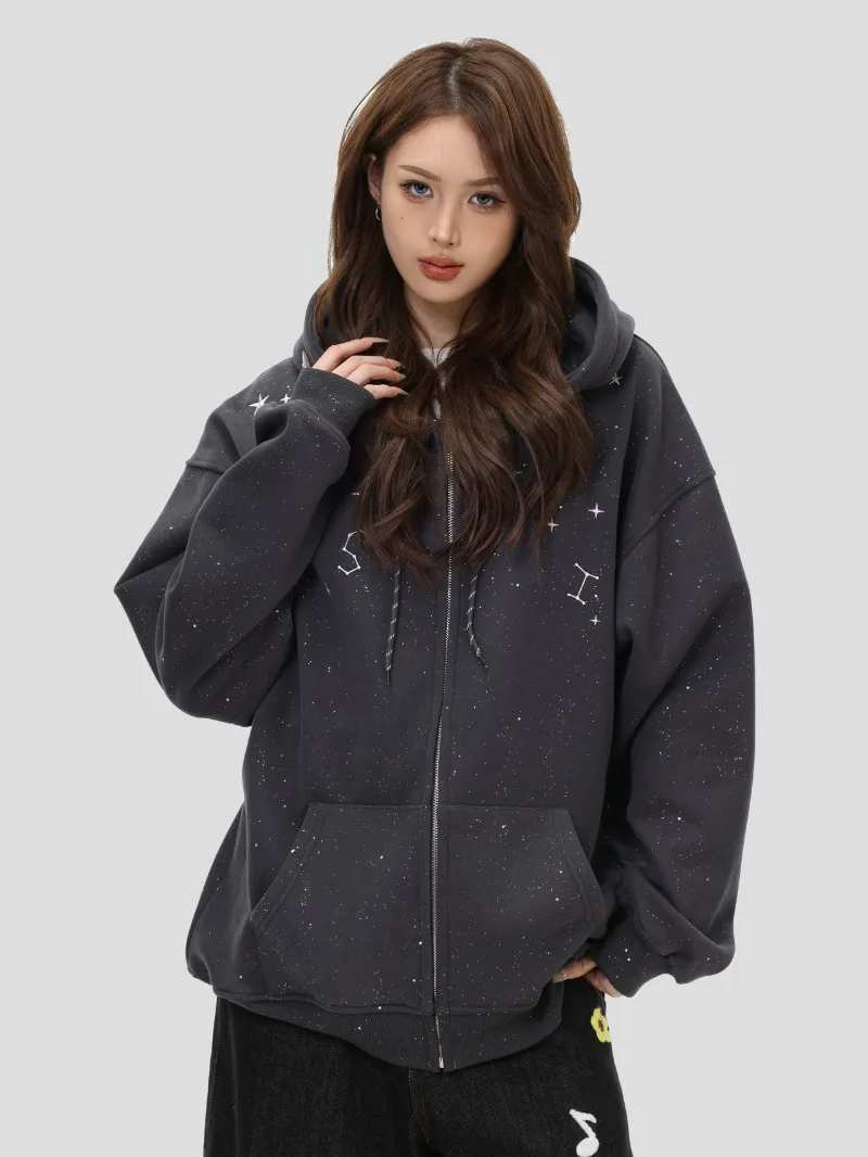 American Retro Fashion Trend Heavy Craft Starry Sky Hooded Sweatshirt Fleece Lined Warm Zipper Cardigan Jacket for Men