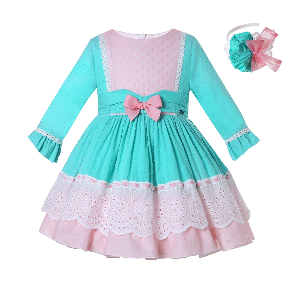 Pettigirl Girls Autumn Fancy Eyelet Lace Trim Cute Blue and Pink Dresses kids Designer Clothes 2 3 4 5 6 8 10 12Y