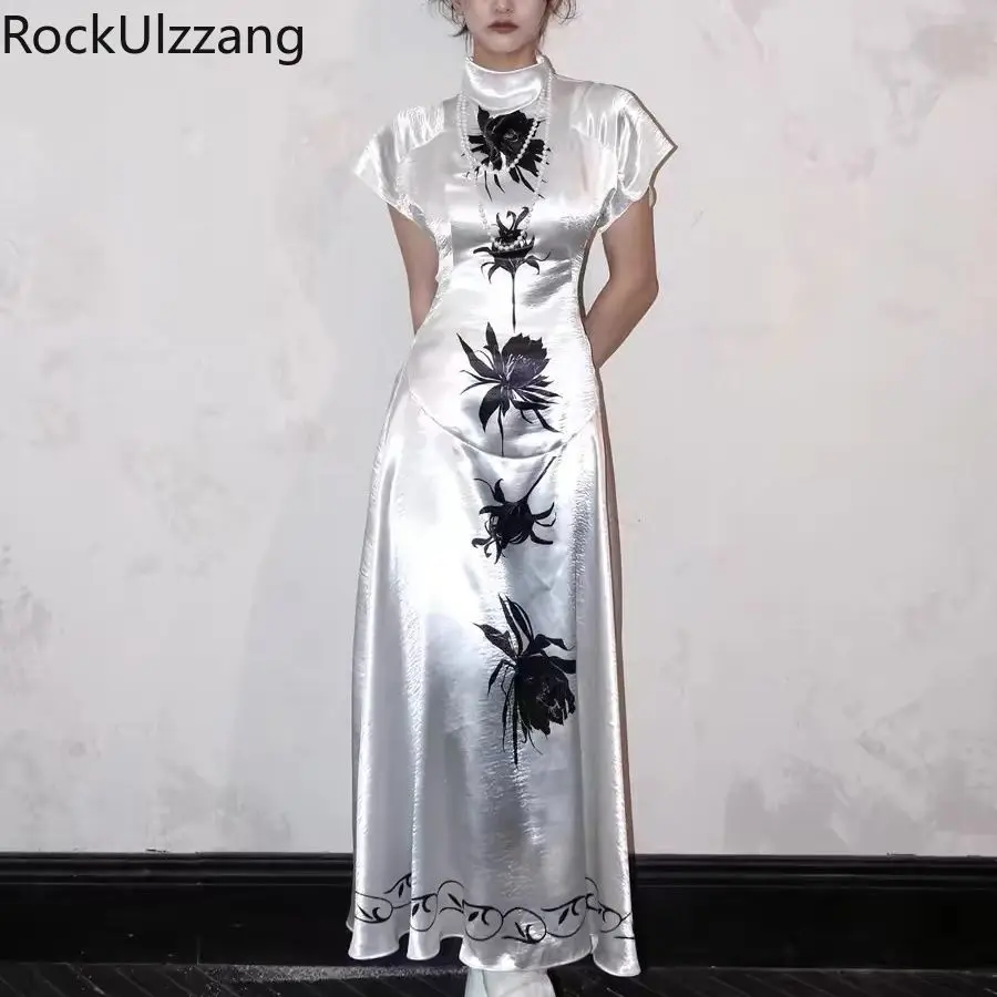 

Ink Flower Printed Silk Chinese Cheongsam Turtleneck Midi Long Dress Women Bodycon Elegant Slim summer y2k grunge goth fairycore