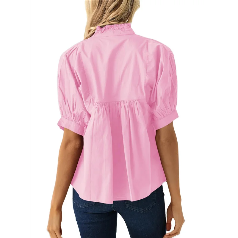 

ABRT-Women Puff Sleeve V Neck Blouse Babydoll Peplum Tops Dressy Casual Pleated Loose Fit Shirts