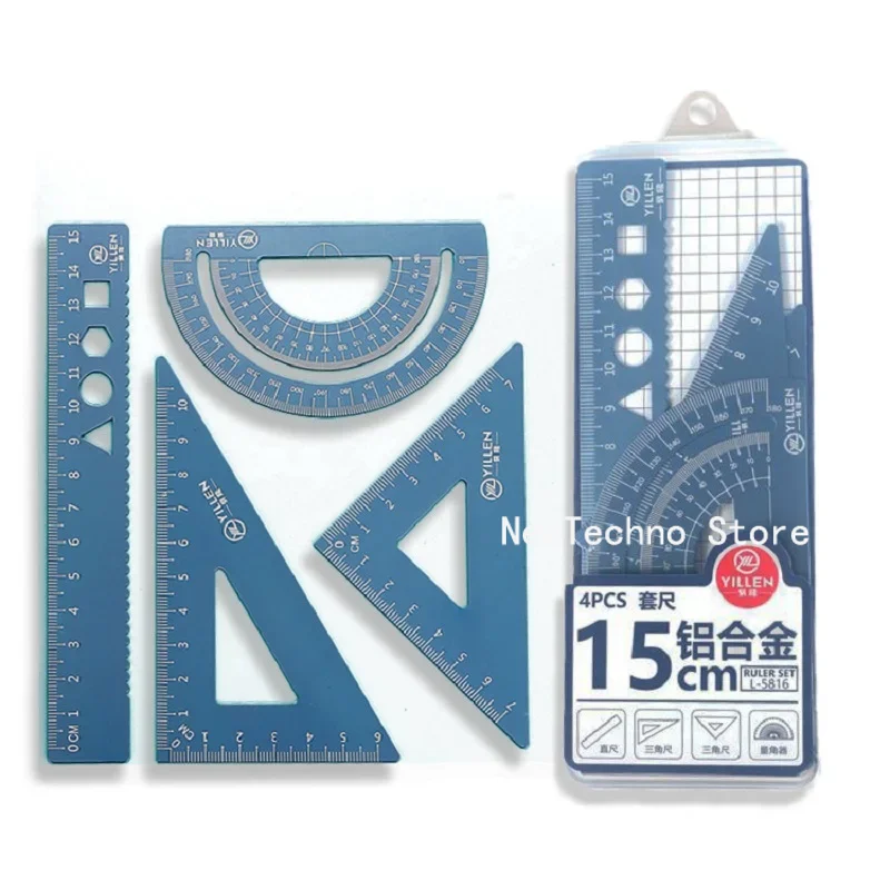 4Pcs/Set Aluminium Ruler Set Metal/Plastic/Soft Geometry Maths Drawing Compass Stationery Rulers Mathematical for School