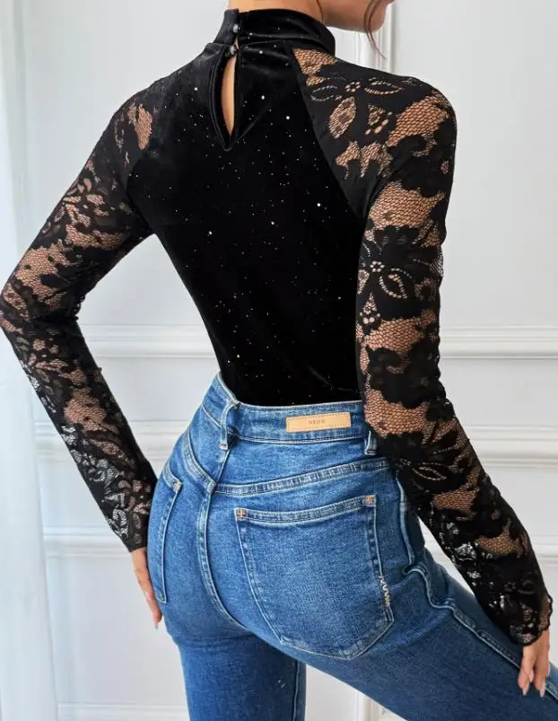 Bodysuit Women 2026 New Spring Autumn Solid Color Retro Lace Patchwork Long Sleeve Mock Neck Elegant Slim Fit Daily Bodysuit