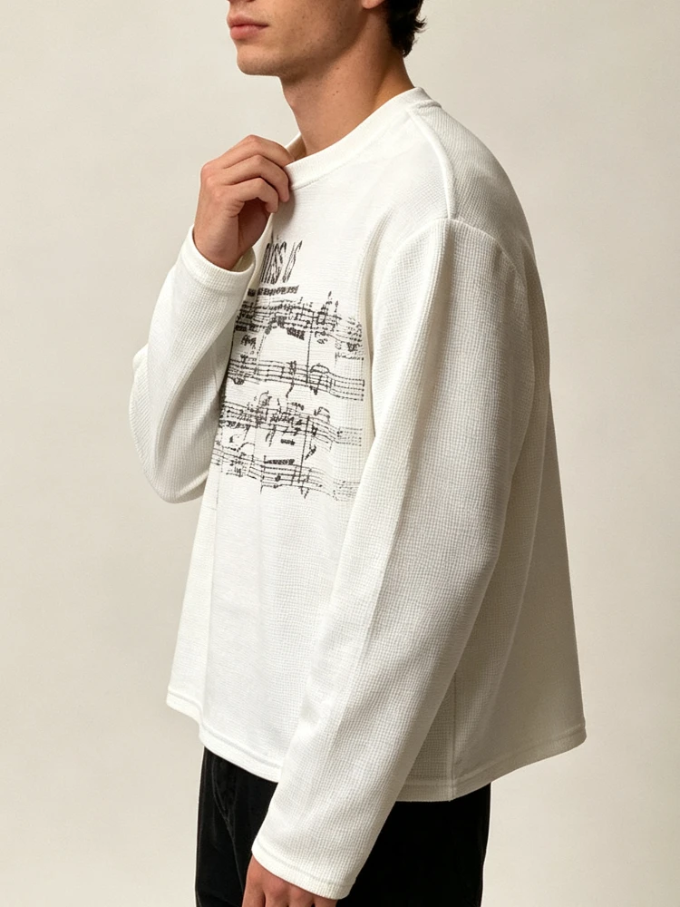Vintage Sheet Music Graphic Men Cropped Long Sleeve Top I Miss Us Letter Print Waffle Knit T‑Shirt Y2K Streetwear Pullover