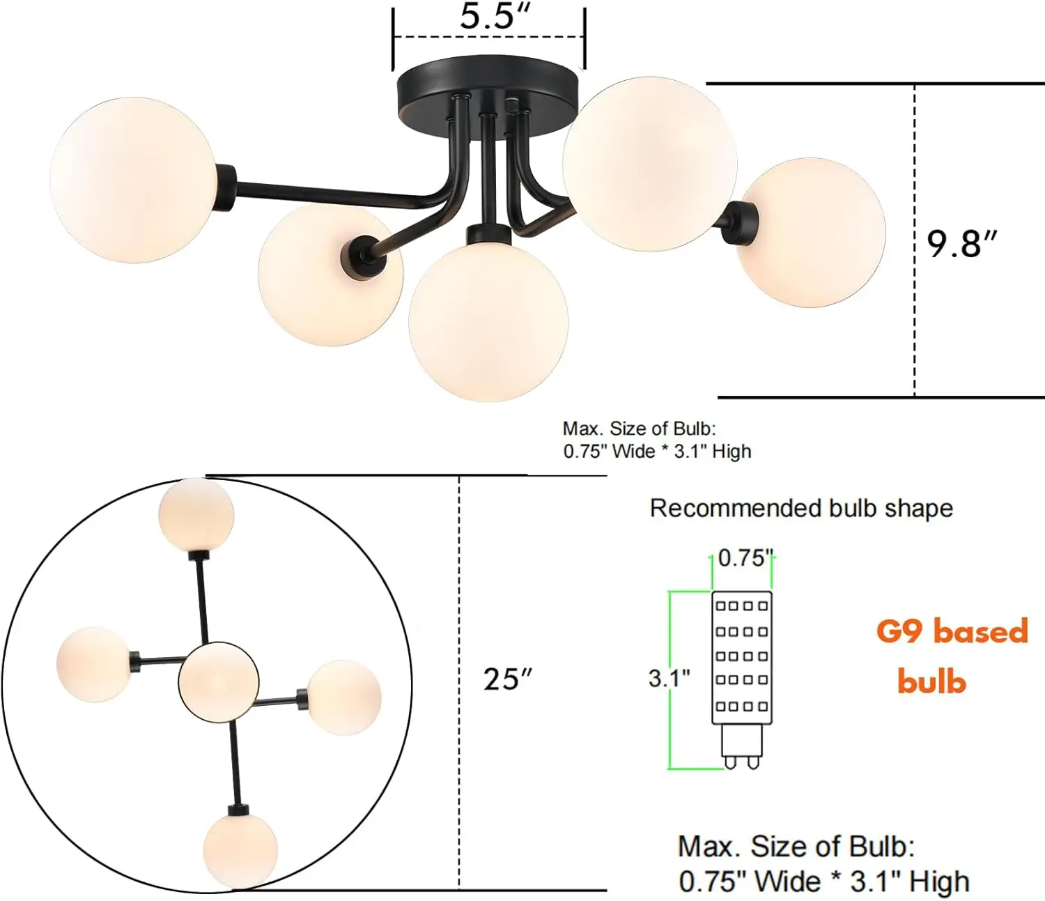 Claxy 5-licht Plafondlamp Flush Mount Sputnik Kroonluchter Met Opaalbollen Zwarte Plafondlamp Voor Eetkamer Slaapkamer