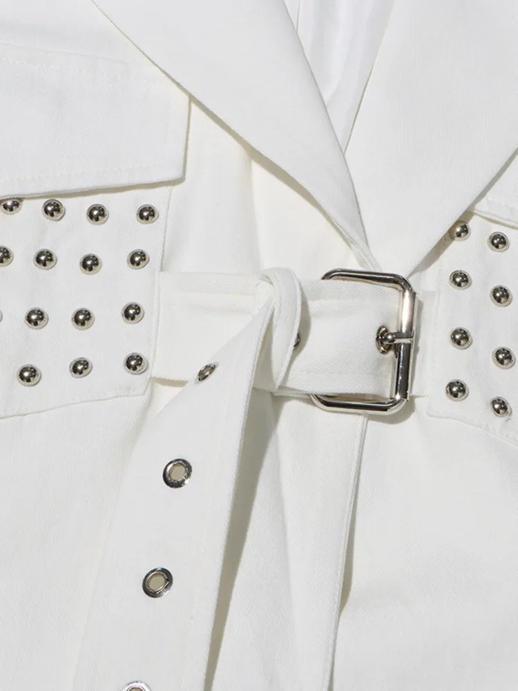 ZMEENNA White Stylish Blazer For Women With Studded Bustier Detailing And Adjustable Belt Long Sleeve Jacket ZM4072