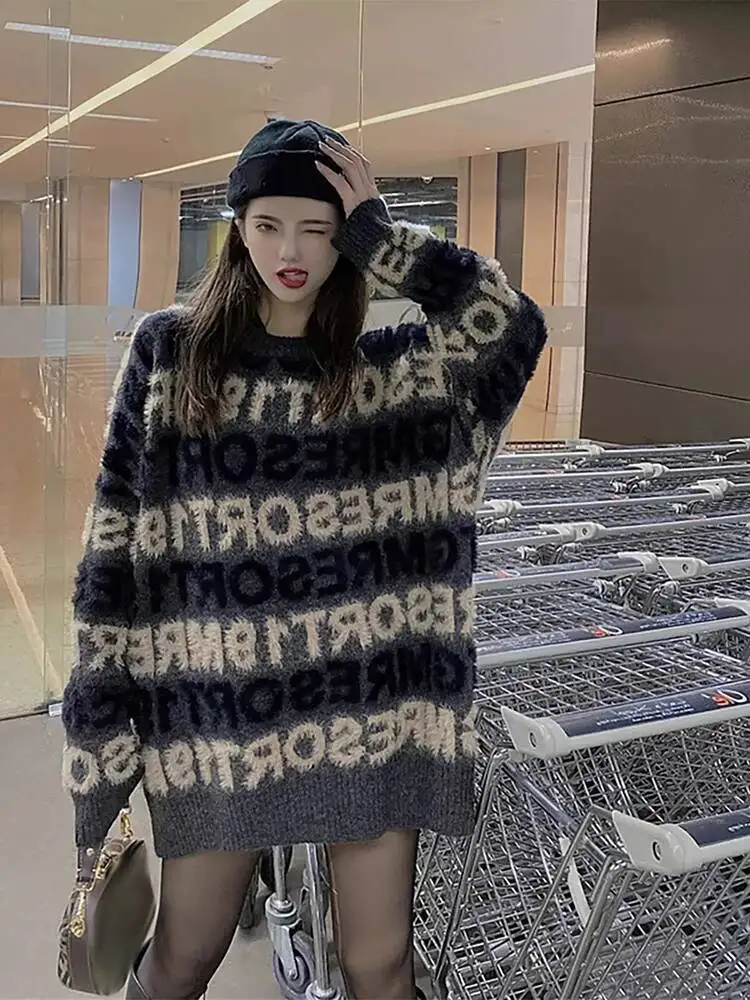 

2025 Autumn Winter Women's Striped Sweater Loose Sweet Letter Jacquard Faux Fur Knit Longline Pullover Knitting Sweater