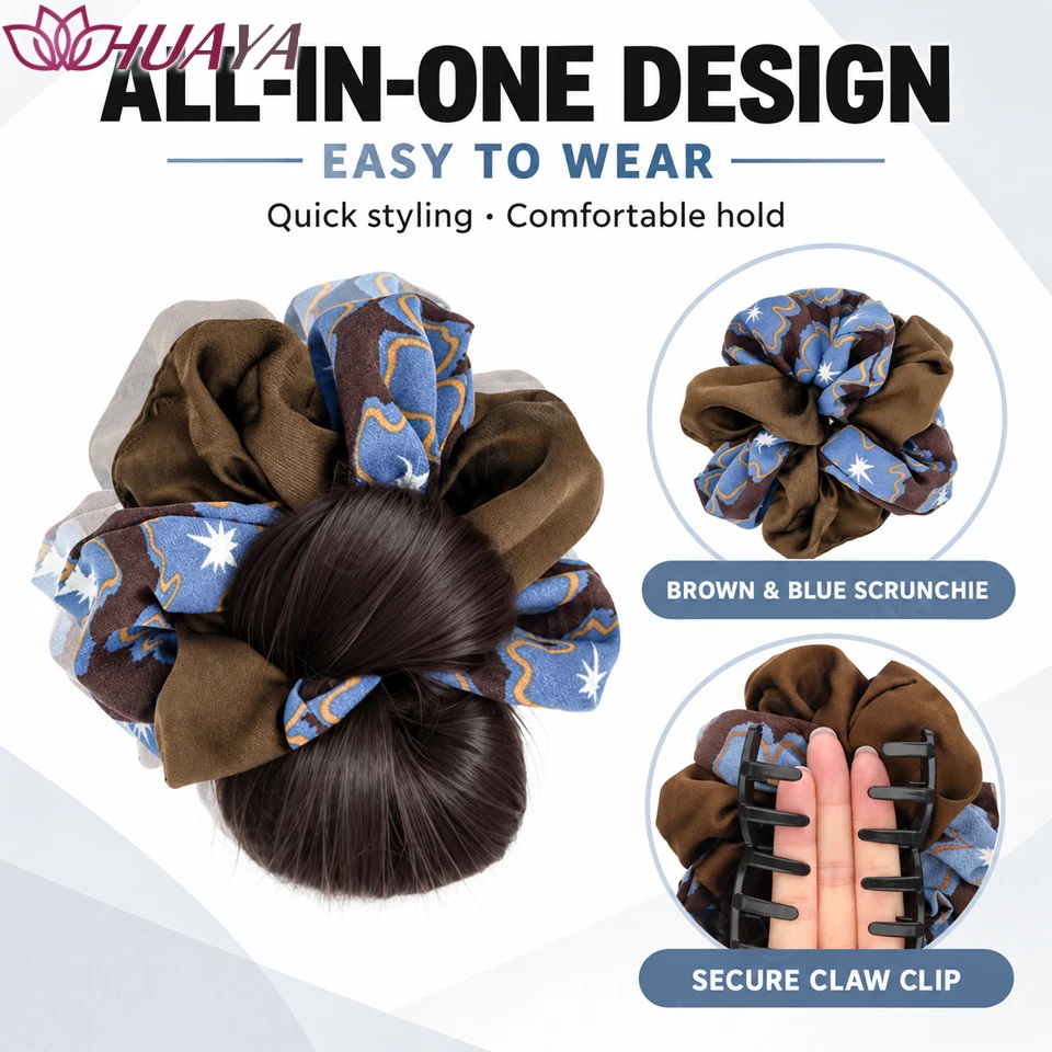 Synthetic Hair Bun Extension Scrunchie Claw Clip Floral Fabric Chignon Updo Hairpiece for Women Daily Party Styling