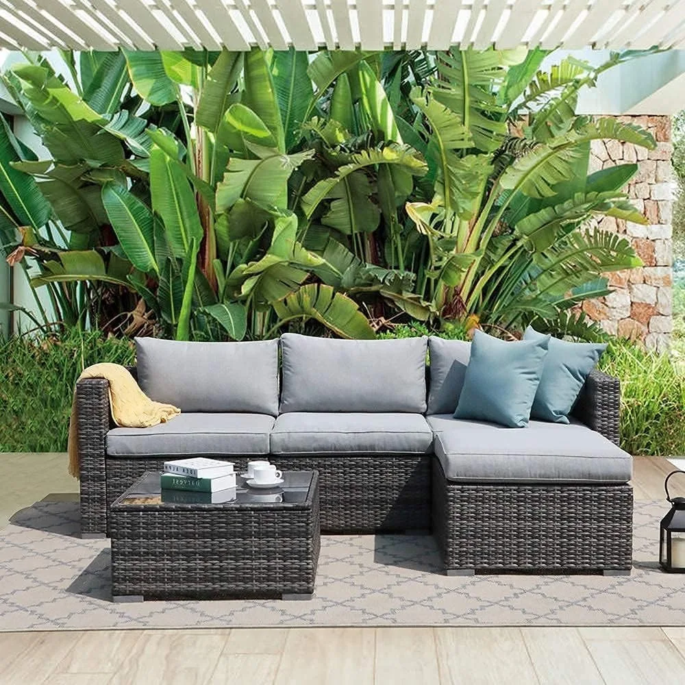 5 Piece Outdoor Patio Furniture Set Segmented Conversation All Weather PE Wicker Belt Light Cushion Backyard Garden Poolside Set