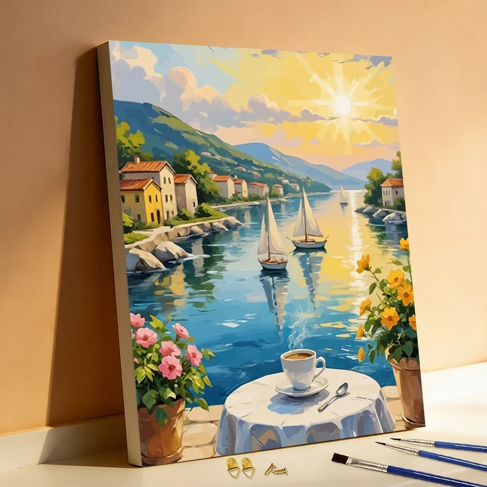 Huacan DIY Oil Painting By Numbers Sea Mountain Sailboat Scenery Flower Digital Oil Painting Sunset Landscape House Wall Decor