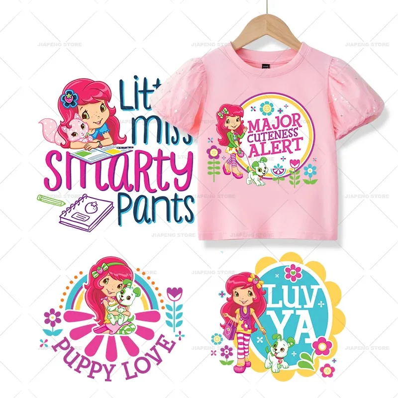 Cartoon Cute Girl Print Stickers For Clothes Strawberry Princess Patches Iron on Transfers On Kids T-shirt Hoodie Decor Applique