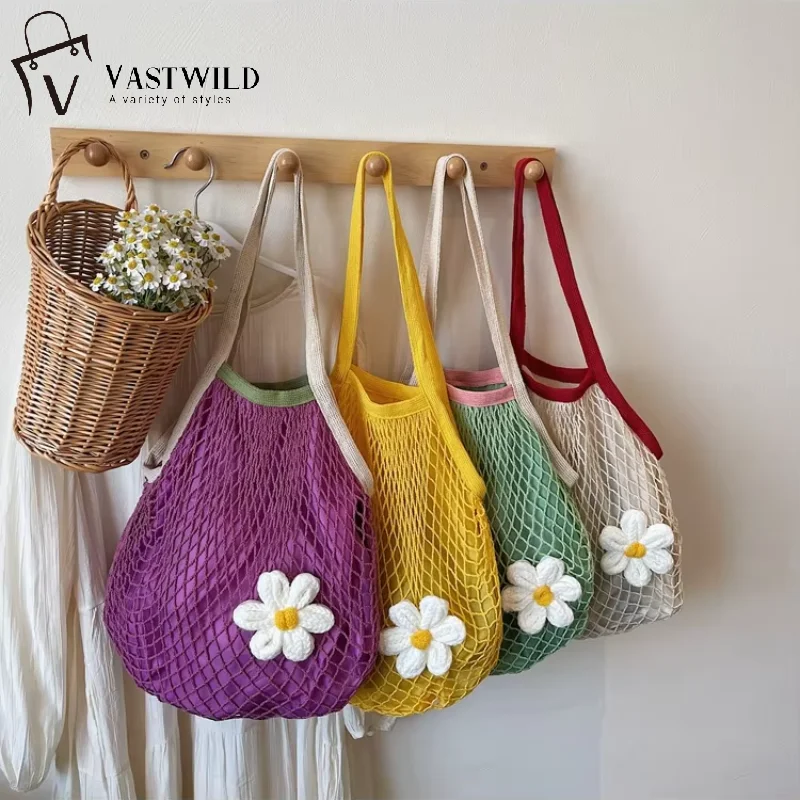 

Women Cute Flower Mesh Tote Bag Reusable Grocery Shopping Bag Eco-friendly Foldable Net Bag Casual Shoulder Handbag