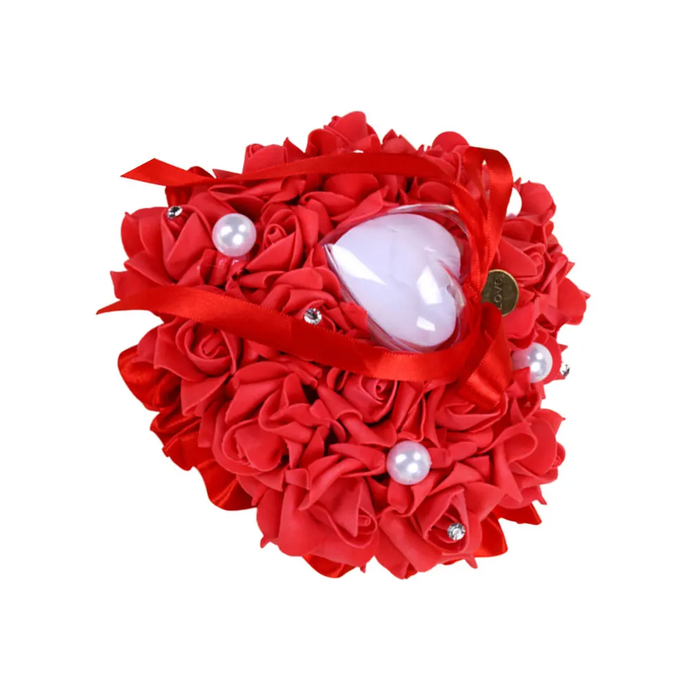

1PC Flower Bud Heart Shape Ring Pillow Pearl Fashion Bride Ring Pillow Party Supplies for Wedding (Red)