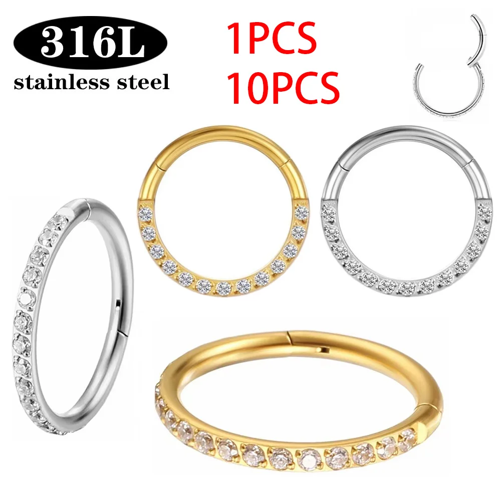 1/10PCS stainless steel nose ring Hoop Earring Piercing Body Jewelry For Women 16G CZ Cartilage Helix Earlobe Hinged Earring