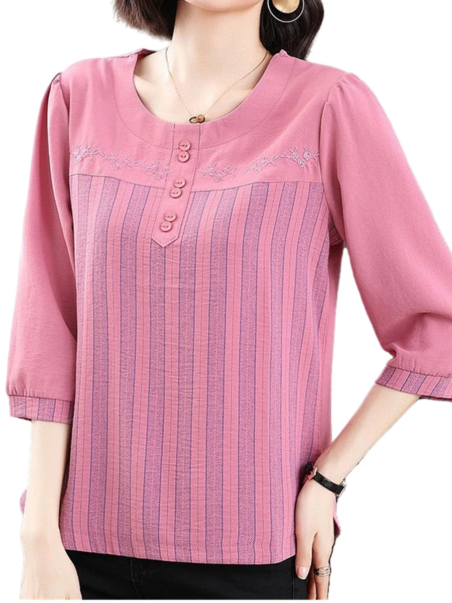 5XL Women Spring Summer Blouses Shirts Lady Fashion Casual Half Sleeve O-Neck Collar Stripe Embroidery Blusas Tops TT2245