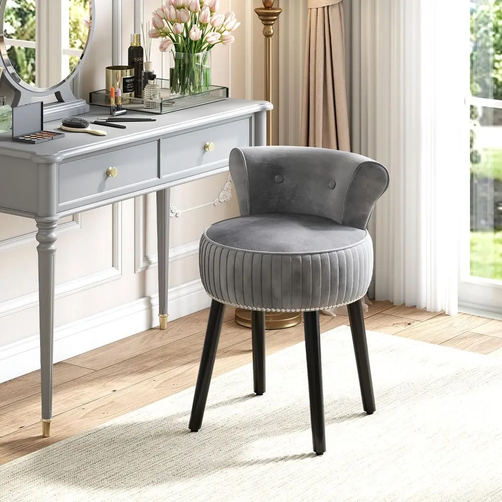 Velvet Vanity Chair for Bedroom, Elegant Accent Chair with Tufted Low Back, Solid Wood Legs, Upholstered Seat, Modern Makeup St