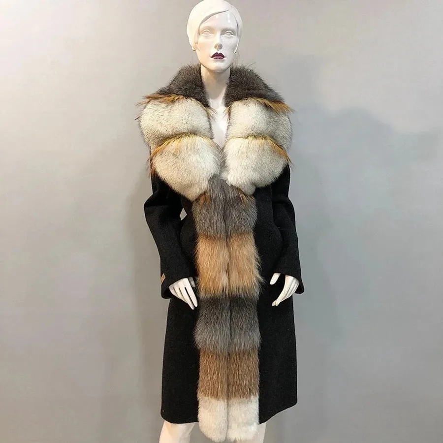 Wool Fur Coat Real Fox Fur Jacket Large Collar Best Selling Women Long Coat For Women 2024 New Fashion Wool Blends Coat