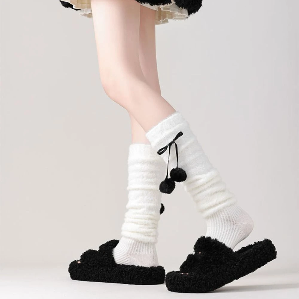 

Trendy Y2k Mink Fur Leg Warmer Plush Balls Thicken Knitted Leg Covers Footcover Pile Up Socks Balletcore Plush Stockings Girls
