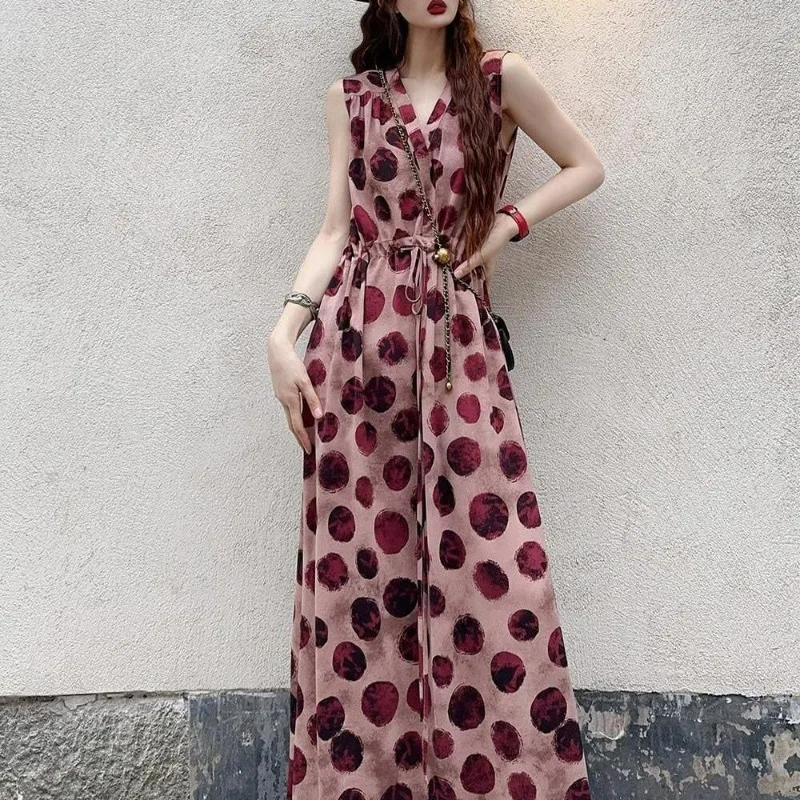 2024 French Temperament High-end Fashion Sleeveless Thin Dress Summer New Vest Suspenders Big Wave Dots Cozy Long Dress Skirt